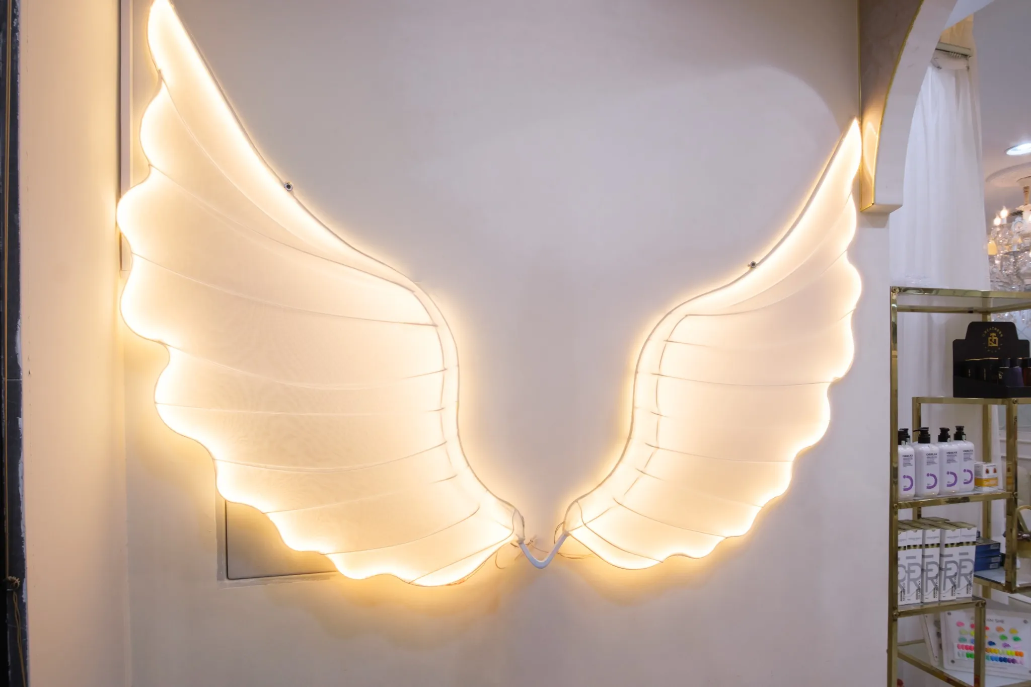 Luxurious interior of the salon with cosmetics samples on the shelves